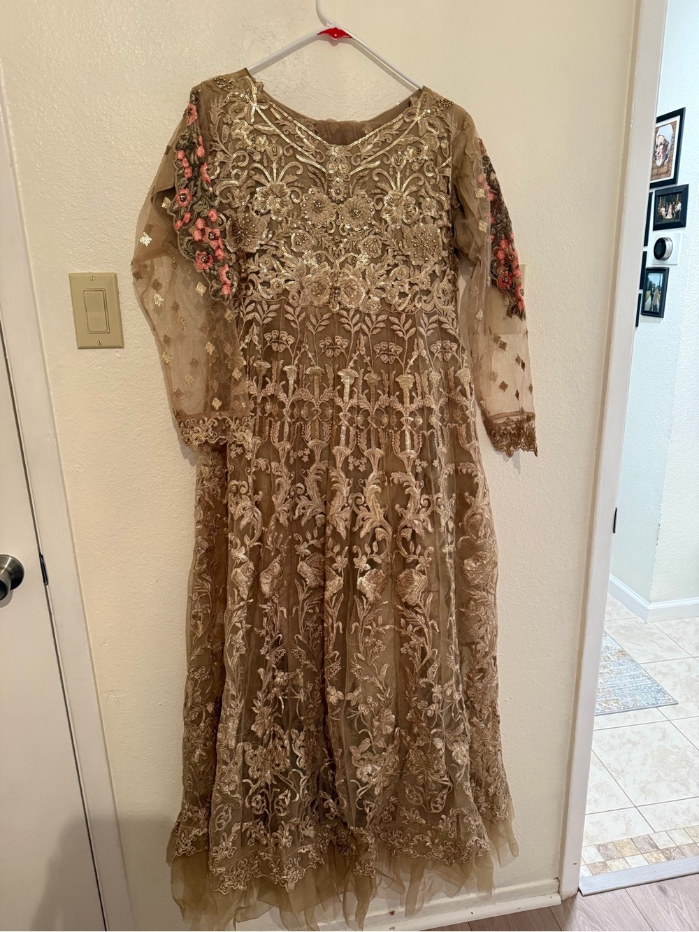 Girls Embroidered Gold Lace Dress